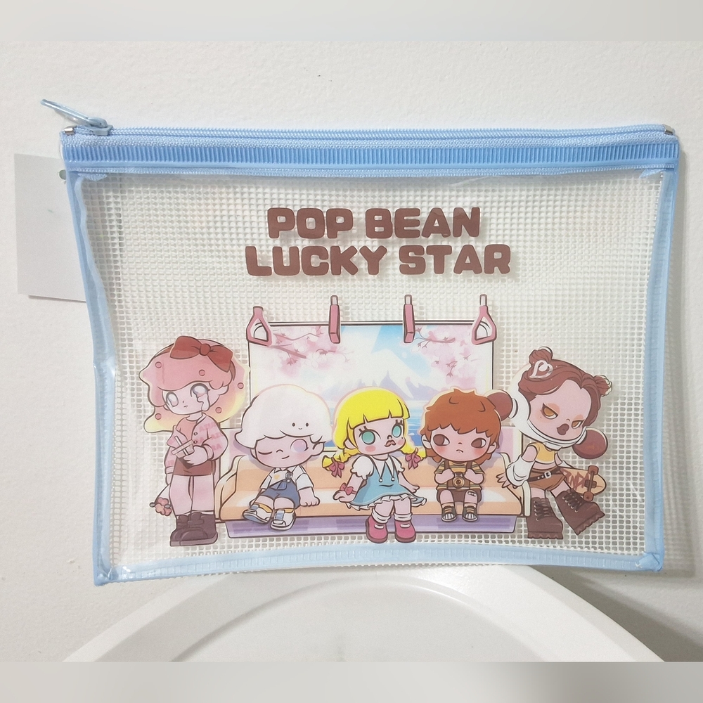 Pop Bean Lucky Star Mesh Zipper Pouch – Makeup, Stationery, or Travel Bag, NEW